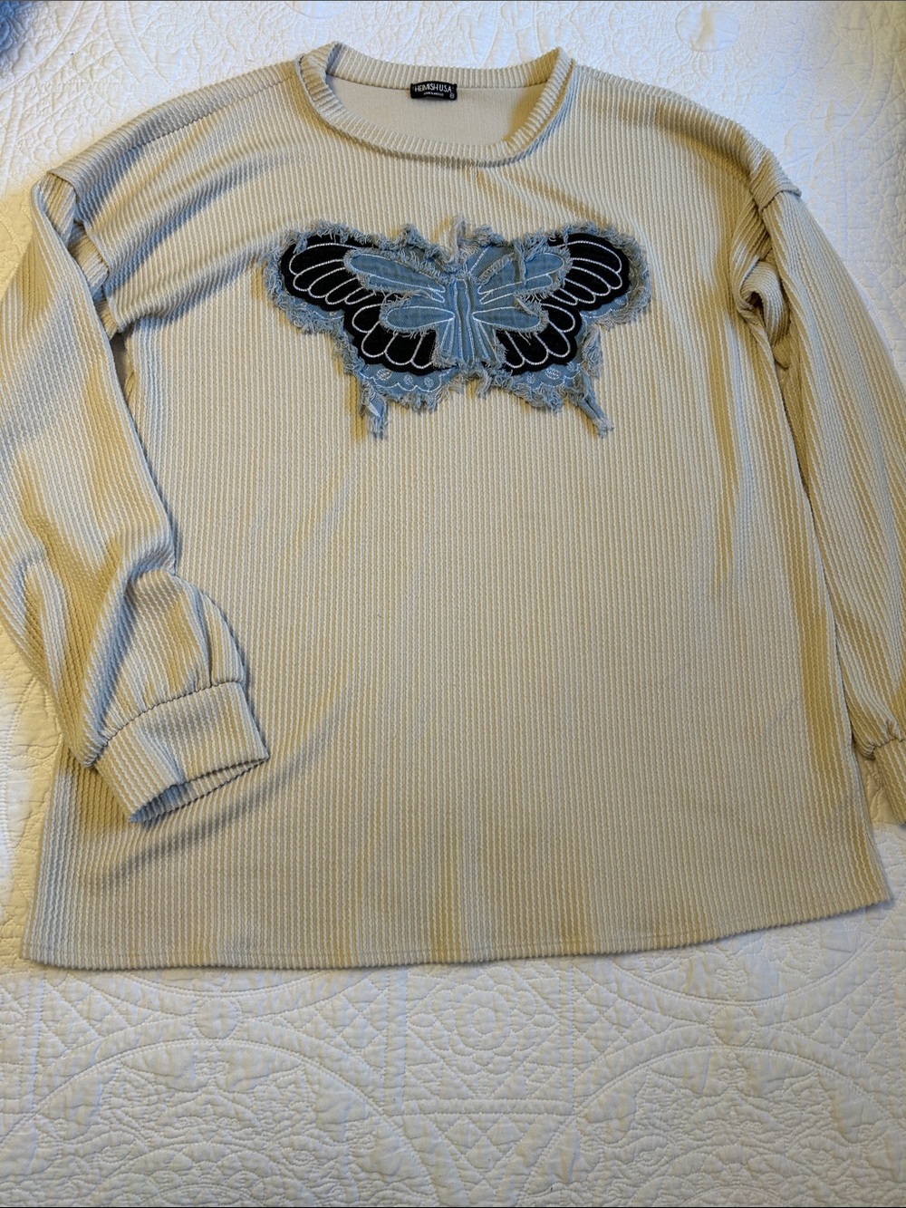 Heimish USA Cream Thermal Long-Sleeve Top with Butterfly Appliqué